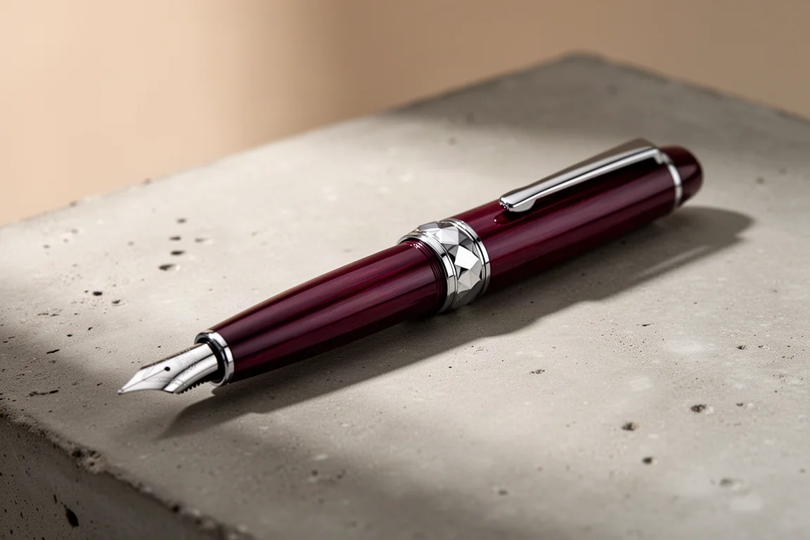 Penna stilografica Pilot Capless LS laccata color vinaccia con finiture cromate su superficie di cemento