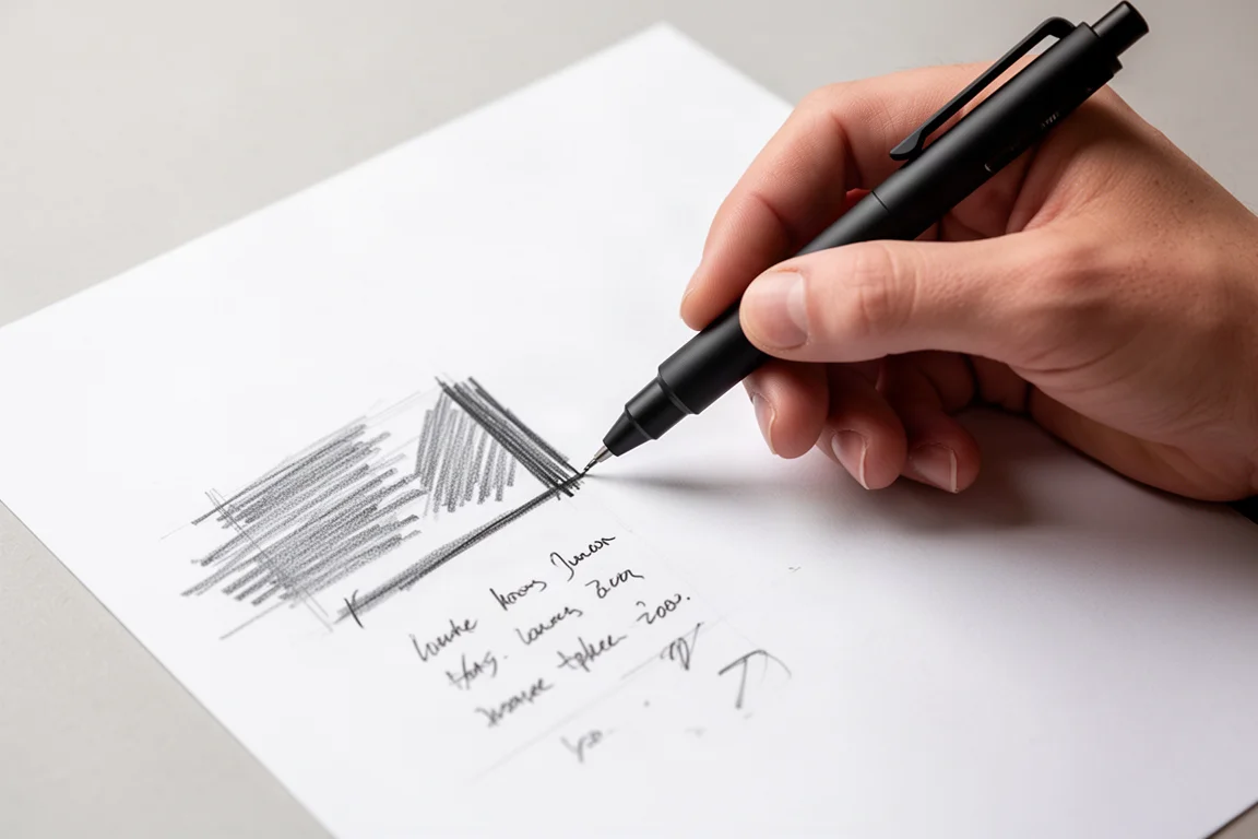Une main traçant des traits de crayon sombres et nets sur du papier blanc uni