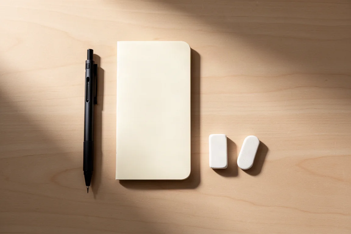 Vue à plat du porte-mine à côté d'un carnet et d'une gomme sur un bureau en bois