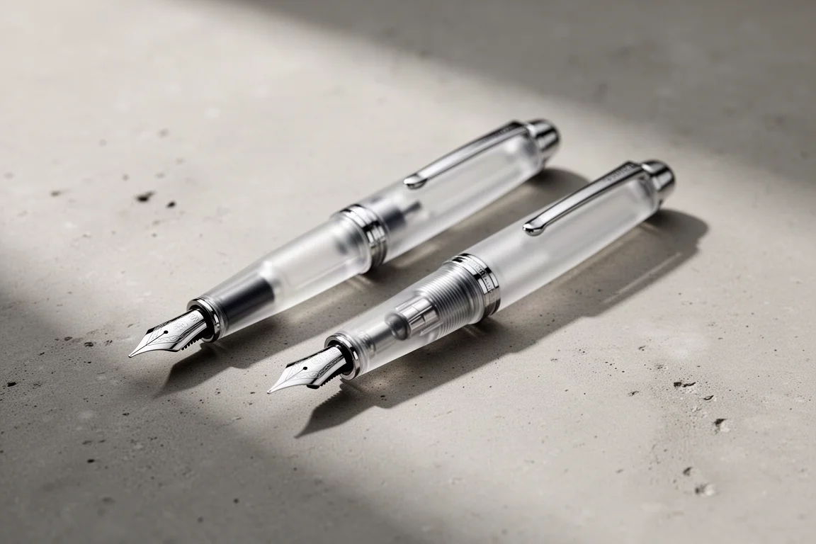 Due stilografiche demonstrator con finiture in rodio su una superficie di cemento