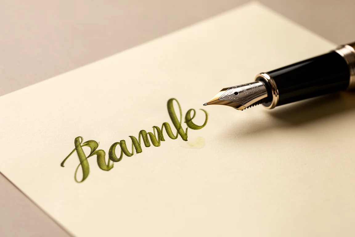 Righe scritte a mano come campione di scrittura in inchiostro verde oro su carta crema