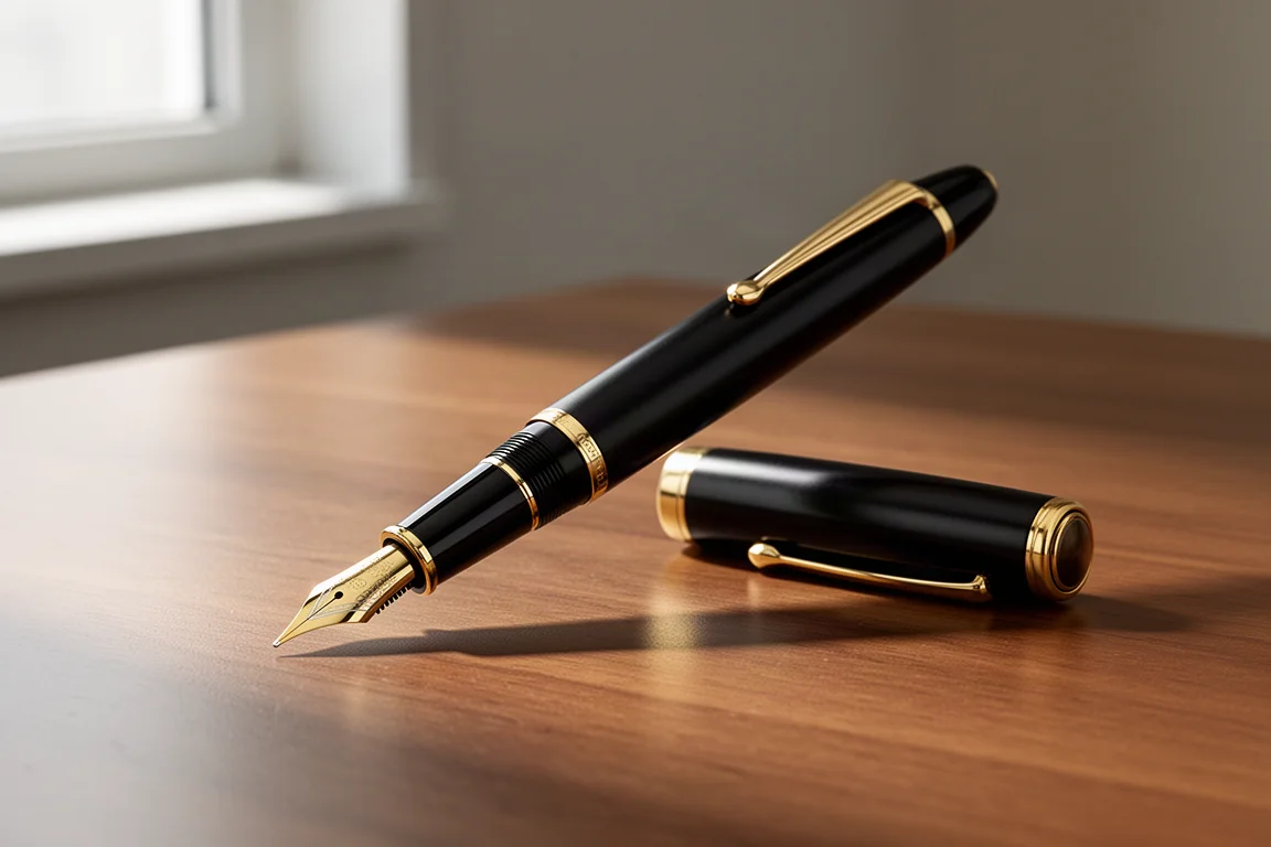Pennino stilografico nero con rifiniture oro e punta oro appoggiato su una scrivania in legno