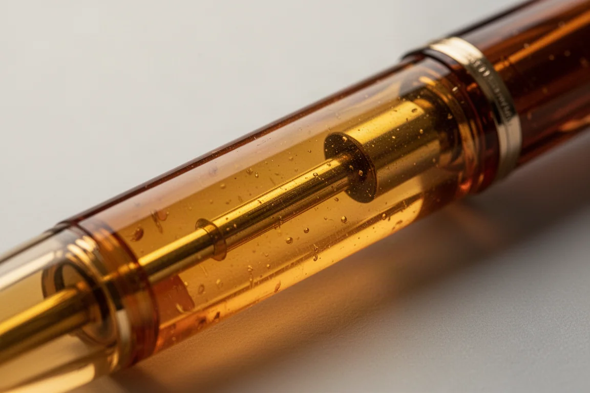 Gros plan sur un stylo plume ambre translucide montrant son mécanisme de remplissage interne