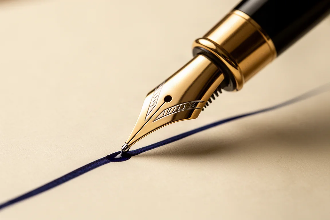 Plume d'un stylo plume touchant le papier en traçant une ligne d'encre fraîche