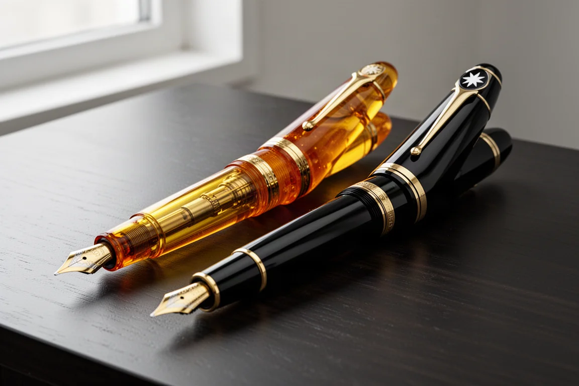 Due stilografiche di punta, una color ambra traslucida e una nera con finiture oro, su una scrivania in legno scuro