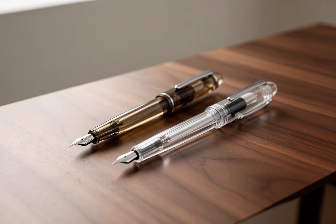 Due penne stilografiche traslucide appoggiate affiancate su una scrivania di legno