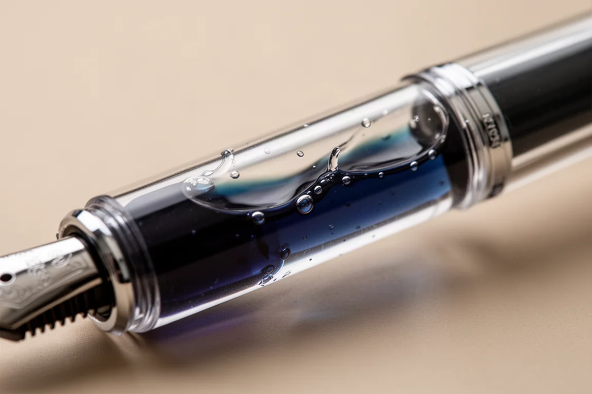 Primo piano del serbatoio traslucido di una penna stilografica con l'inchiostro che scorre all'interno