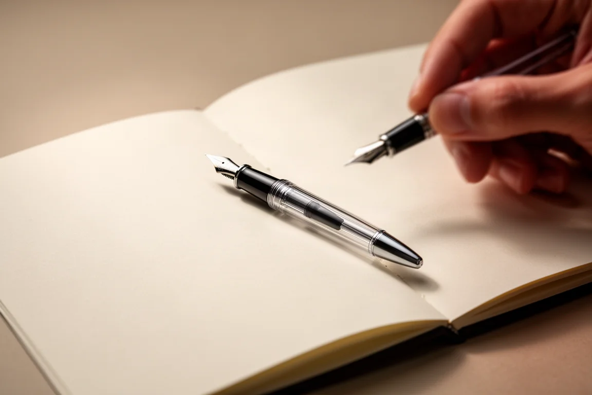 Uno scrittore che impugna una penna stilografica sopra una pagina di un quaderno aperto