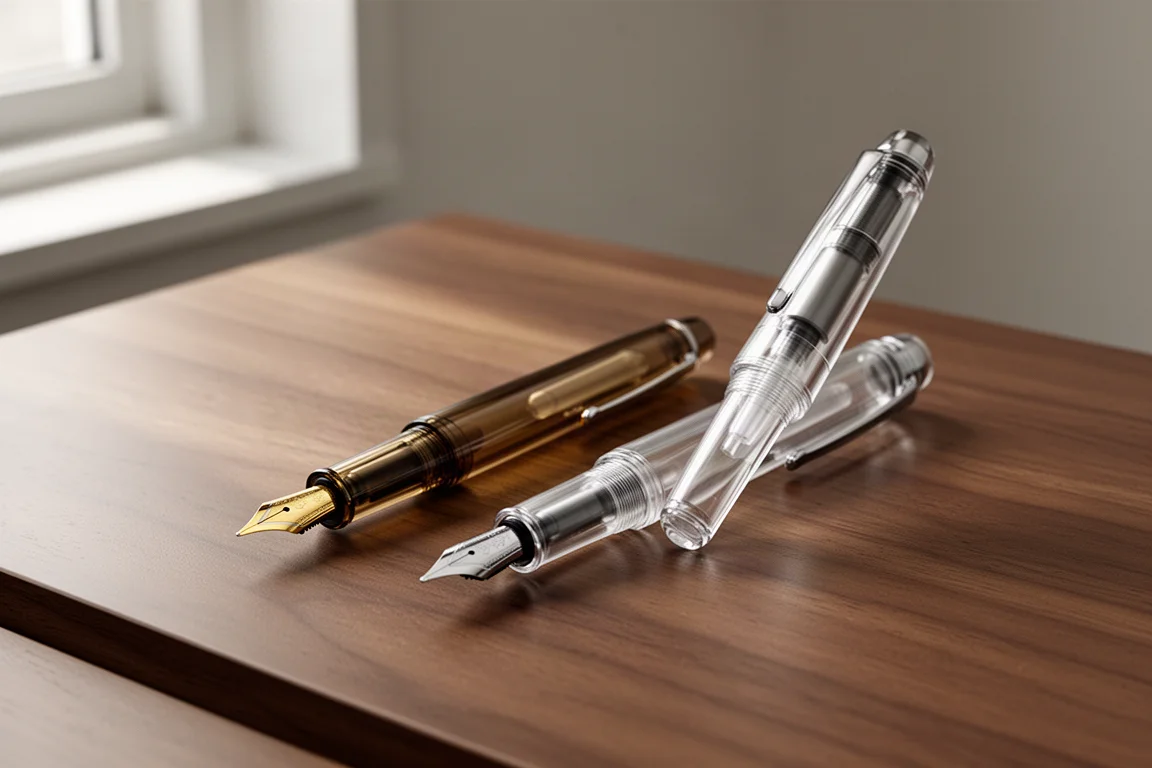 Penna stilografica Pilot Custom 823 e TWSBI VAC 700R affiancate su una scrivania