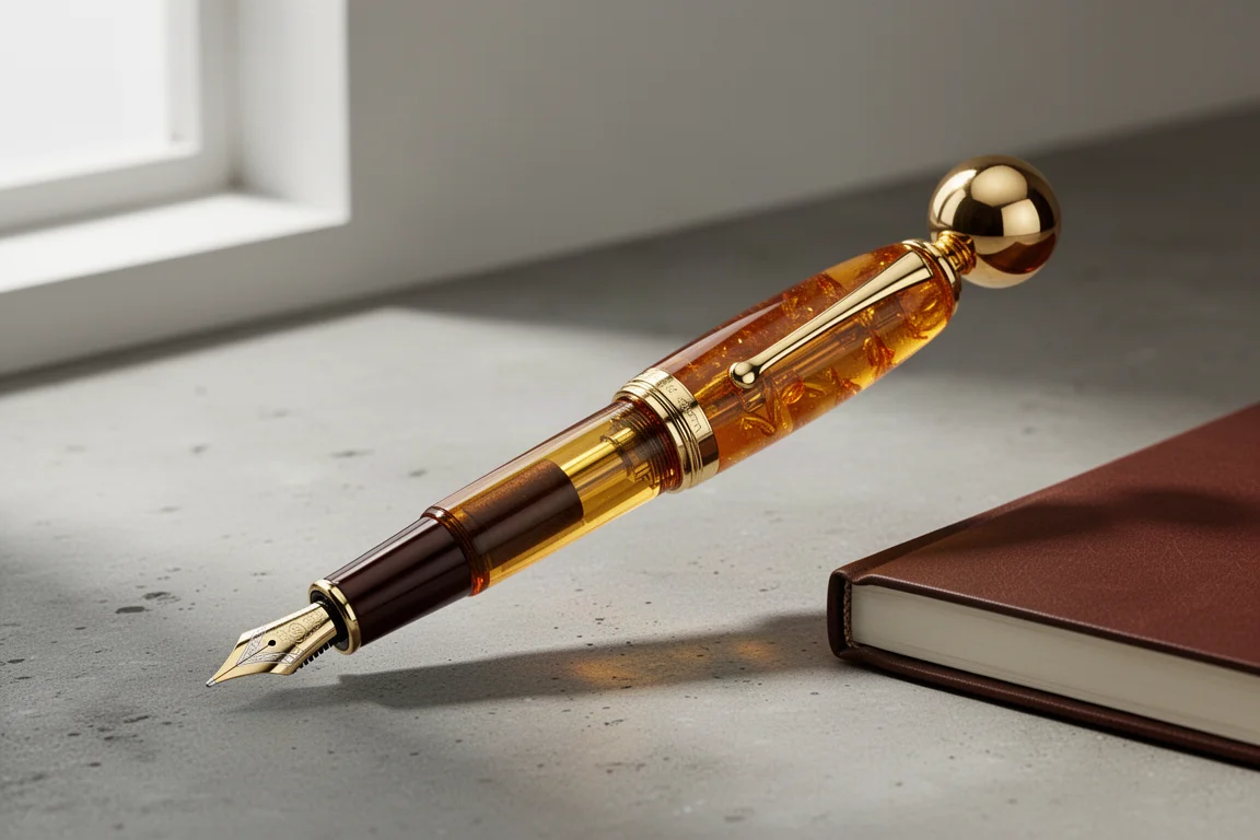 Penna stilografica color ambra traslucida con finiture oro appoggiata su una superficie di cemento opaco