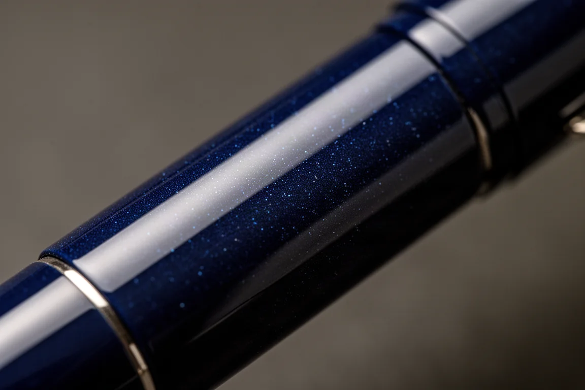 Close-up of deep blue urushi lacquer with subtle sparkle under studio light