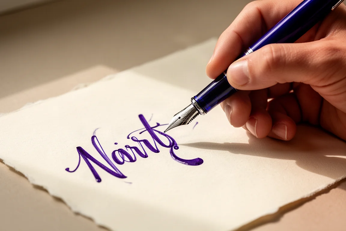 Fountain pen in hand writing with vibrant purple ink on paper