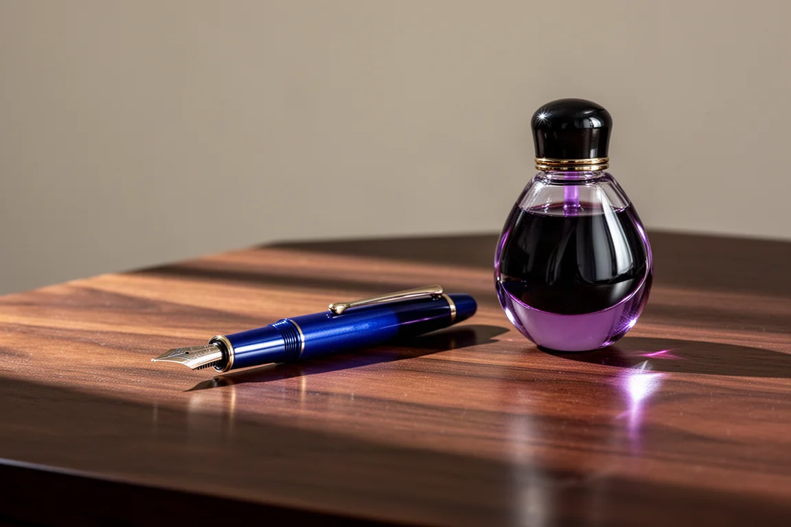 Deep blue fountain pen resting on a desk beside an ink bottle at dusk