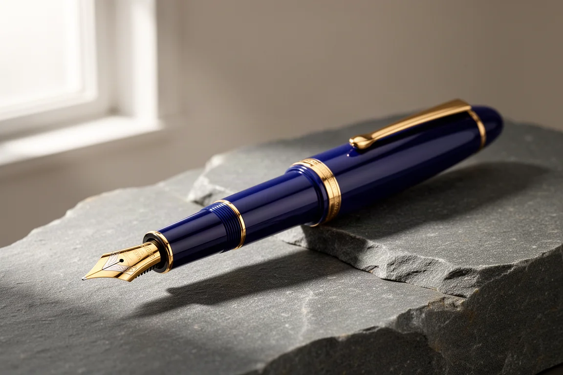 Pilot Custom 845 Deep Blue fountain pen with gold trim and two-tone nib on grey stone