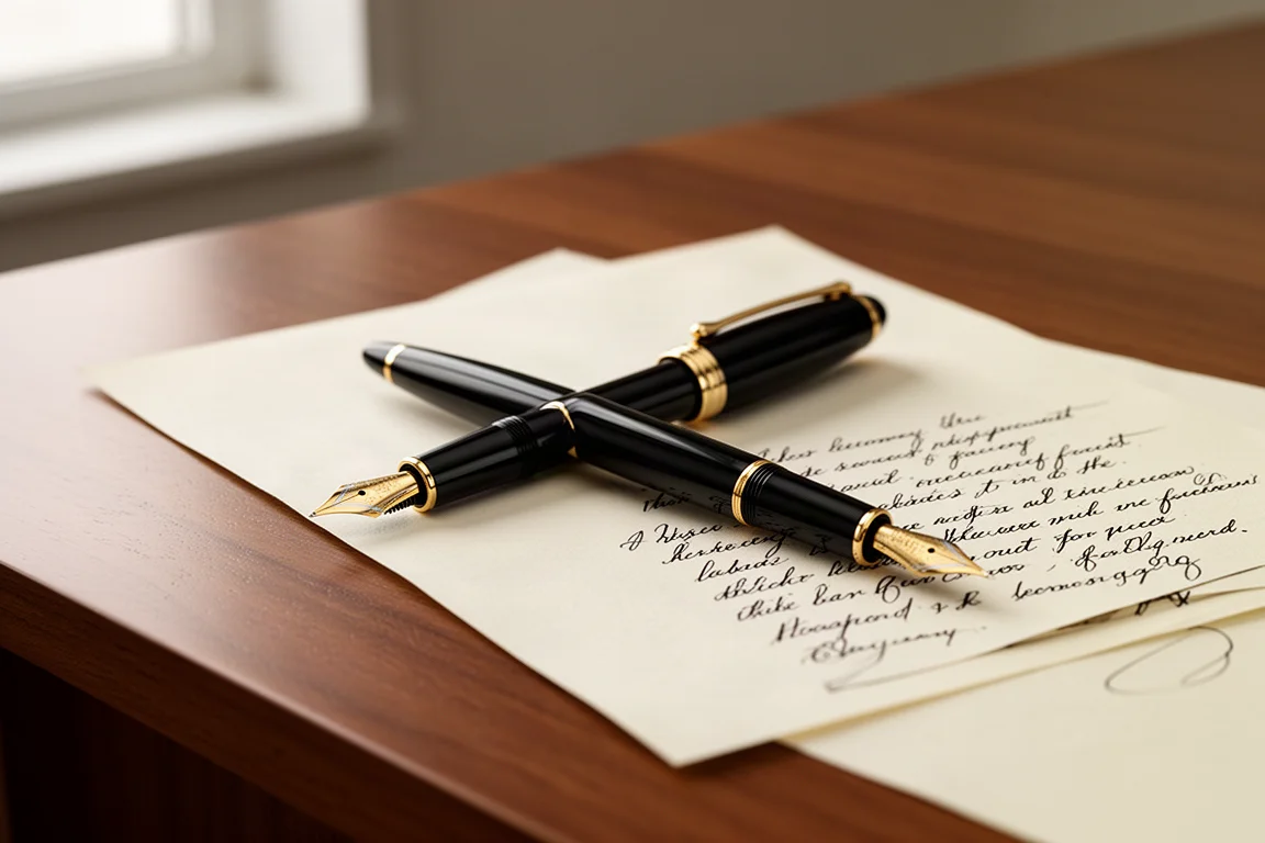 Stylo-plume noir et or posé sur un bureau en bois à côté d'un échantillon d'écriture