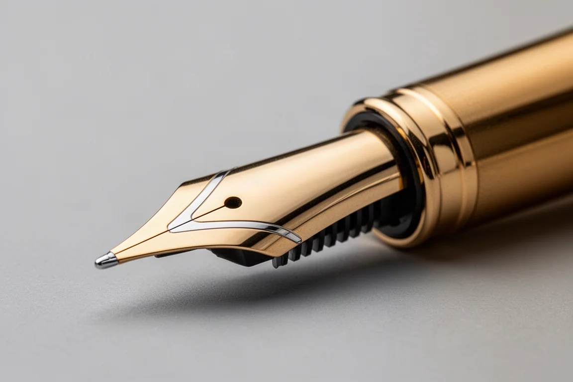 Gros plan sur une plume bicolore en or de stylo-plume avec pointe moyenne