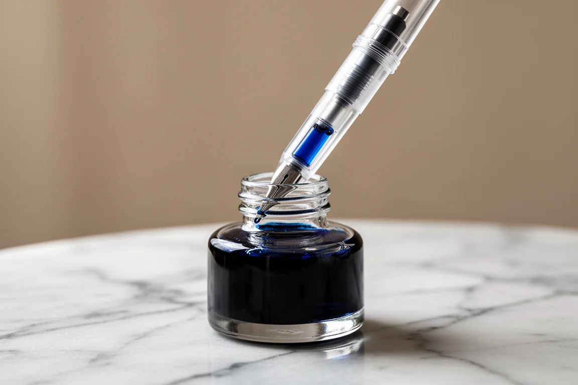 Grand convertisseur rempli d'encre bleu foncé dans un flacon d'encre en verre