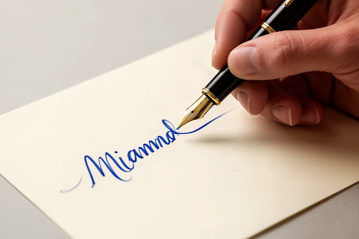 Main traçant une ligne régulière d'encre bleue sur papier crème avec un stylo-plume