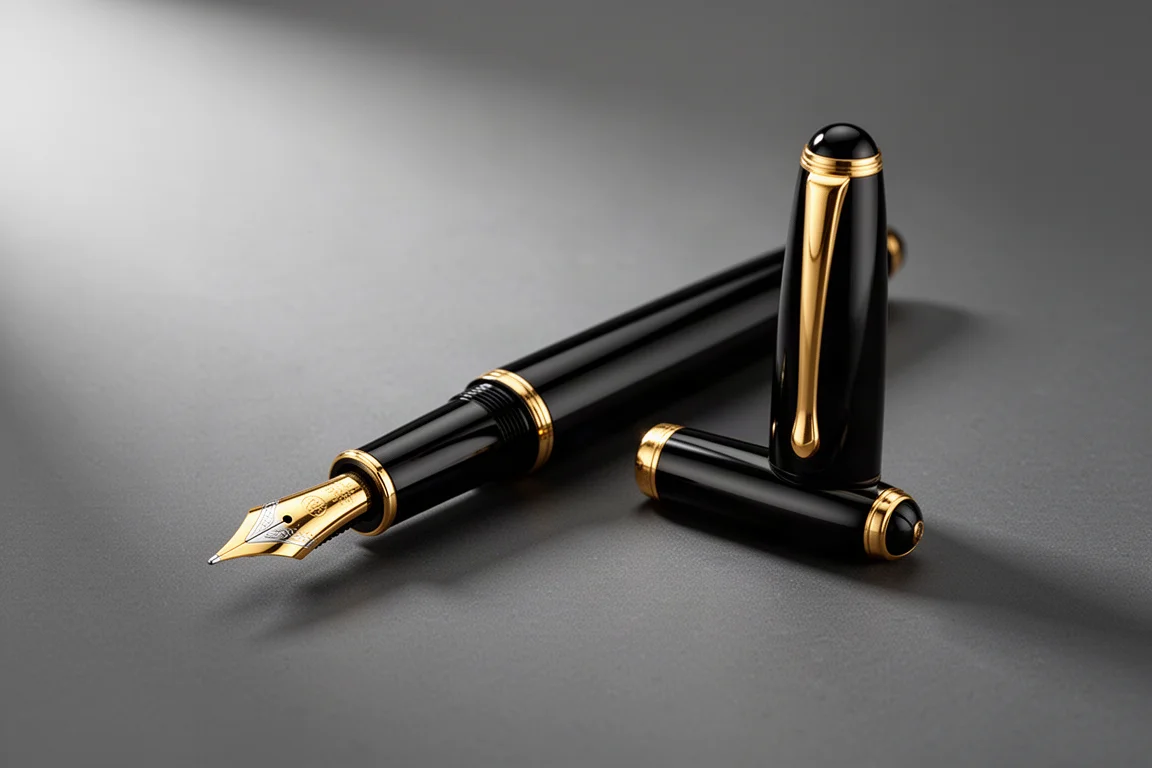 Black and gold fountain pen with gold nib on a dark grey surface