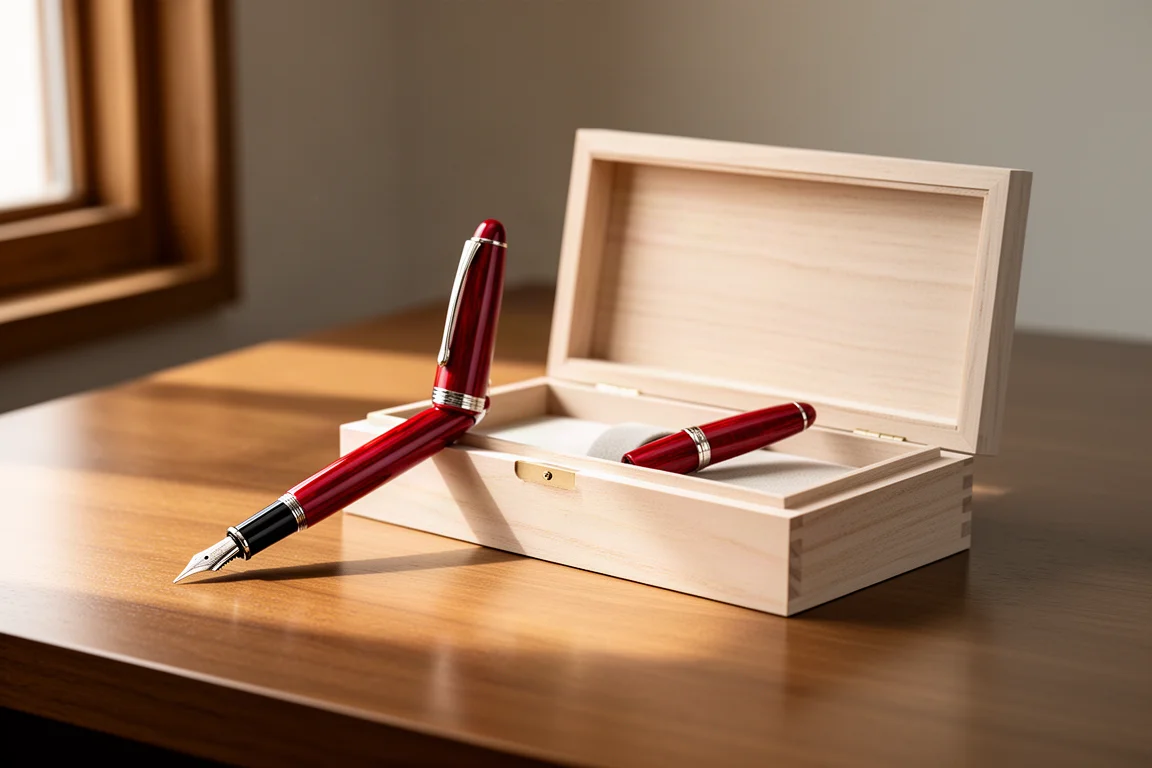 Stylographe laqué rouge vermillon posé à côté d'un coffret japonais en bois tendre