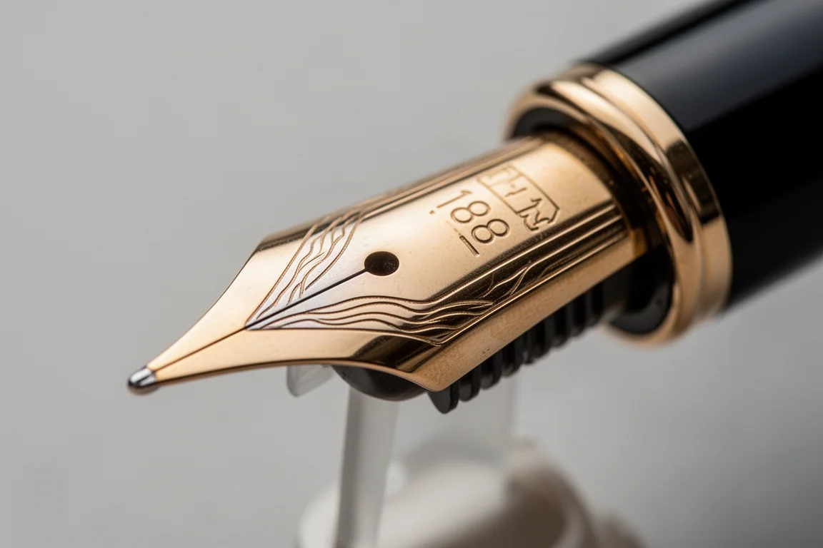 Gros plan sur une plume bicolore en or 18k avec gravures ondulées