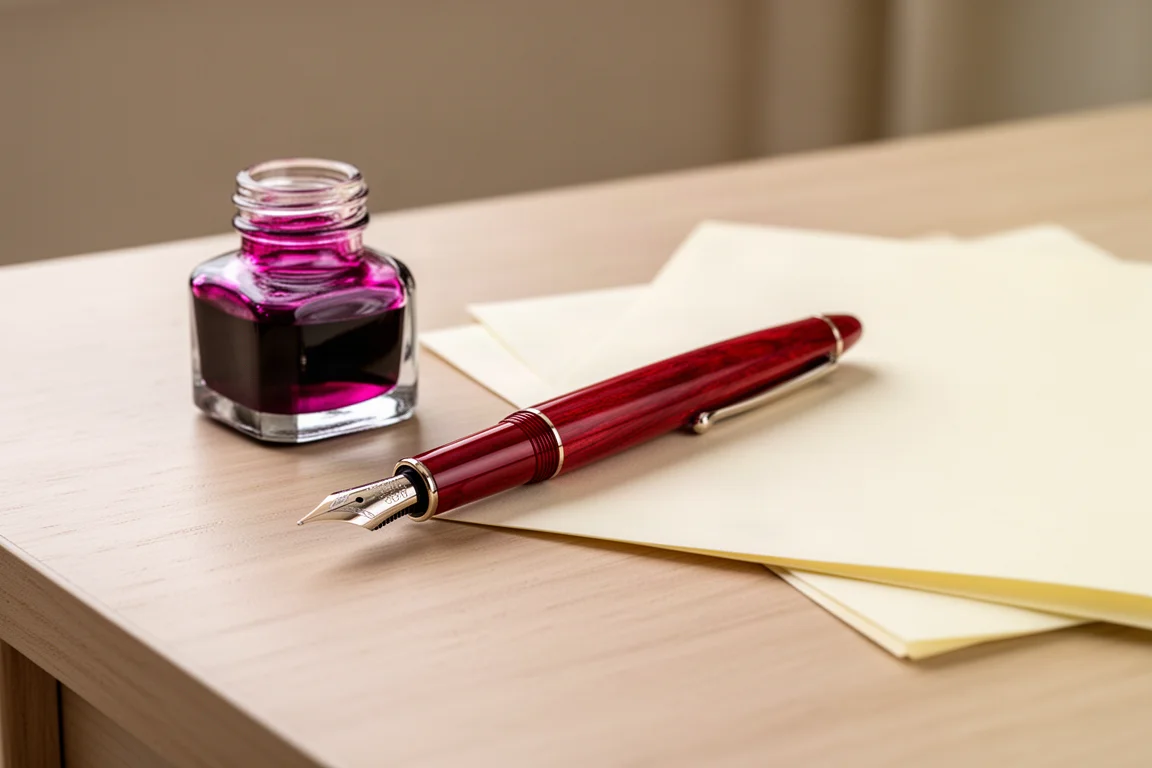Stylographe décapuchonné sur un bureau à côté d'un flacon d'encre pourpre fuchsia profond