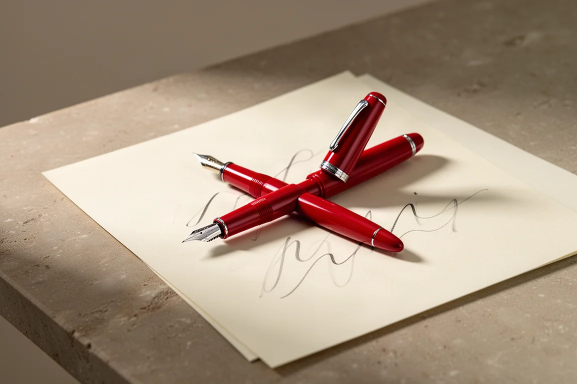 Stylographe avec capuchon vissé sur le corps, en train d'écrire sur papier crème