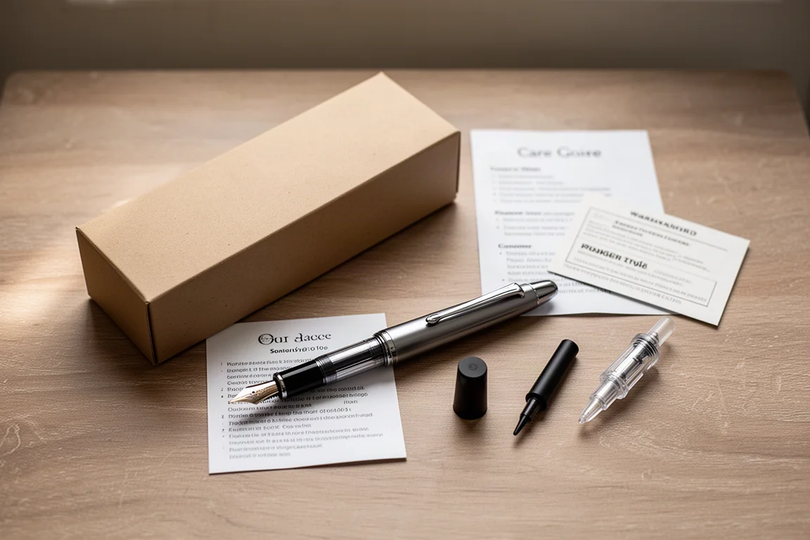 Stylo plume noir déballé avec son emballage, sa cartouche et son convertisseur disposés