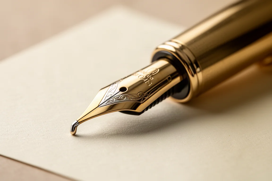 Gros plan sur une plume dorée de stylo plume à pointe recourbée vers le bas, sur du papier