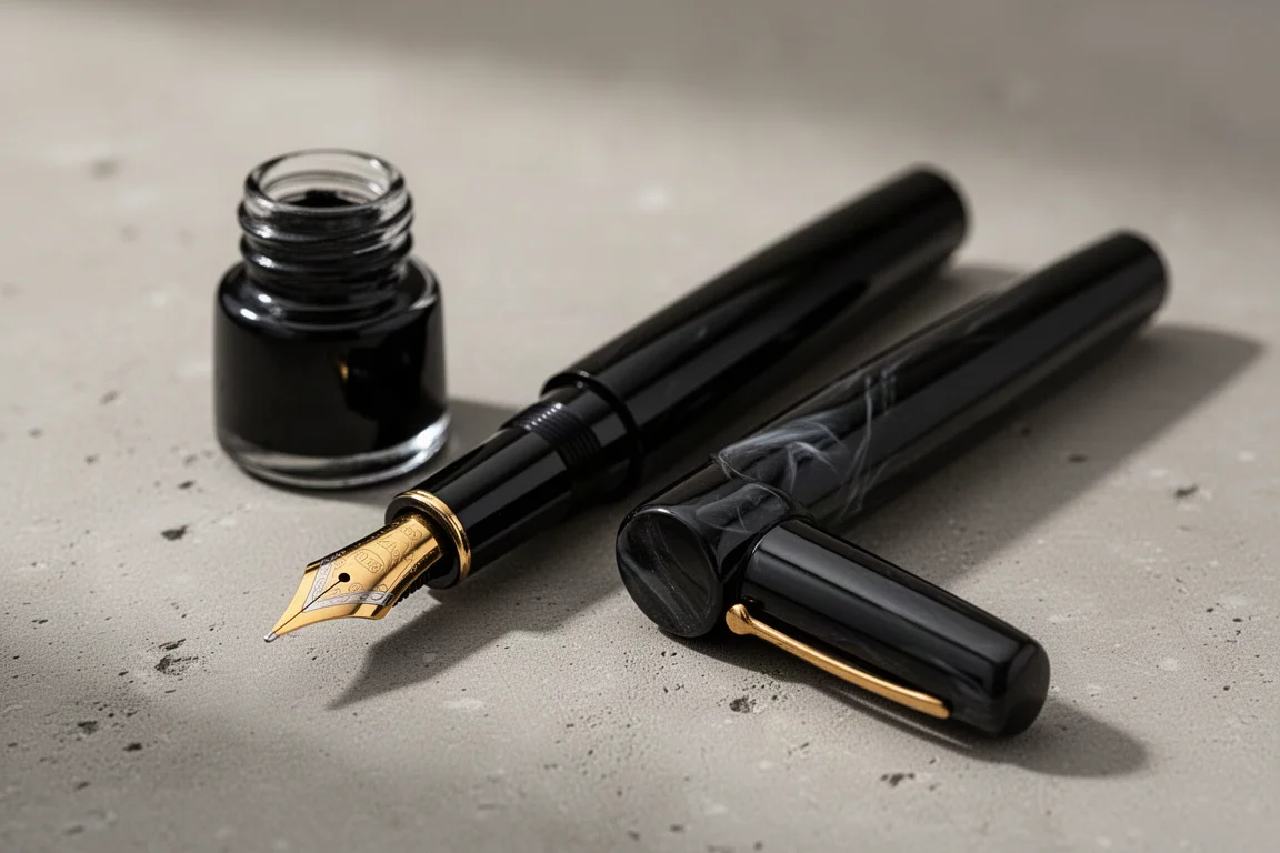Penna stilografica nera con pennino oro rivolto verso il basso accanto a una boccetta di inchiostro