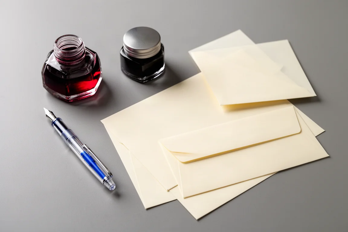 Kompozycja z pióra wiecznego, butelki atramentu i papieru na minimalistycznym biurku