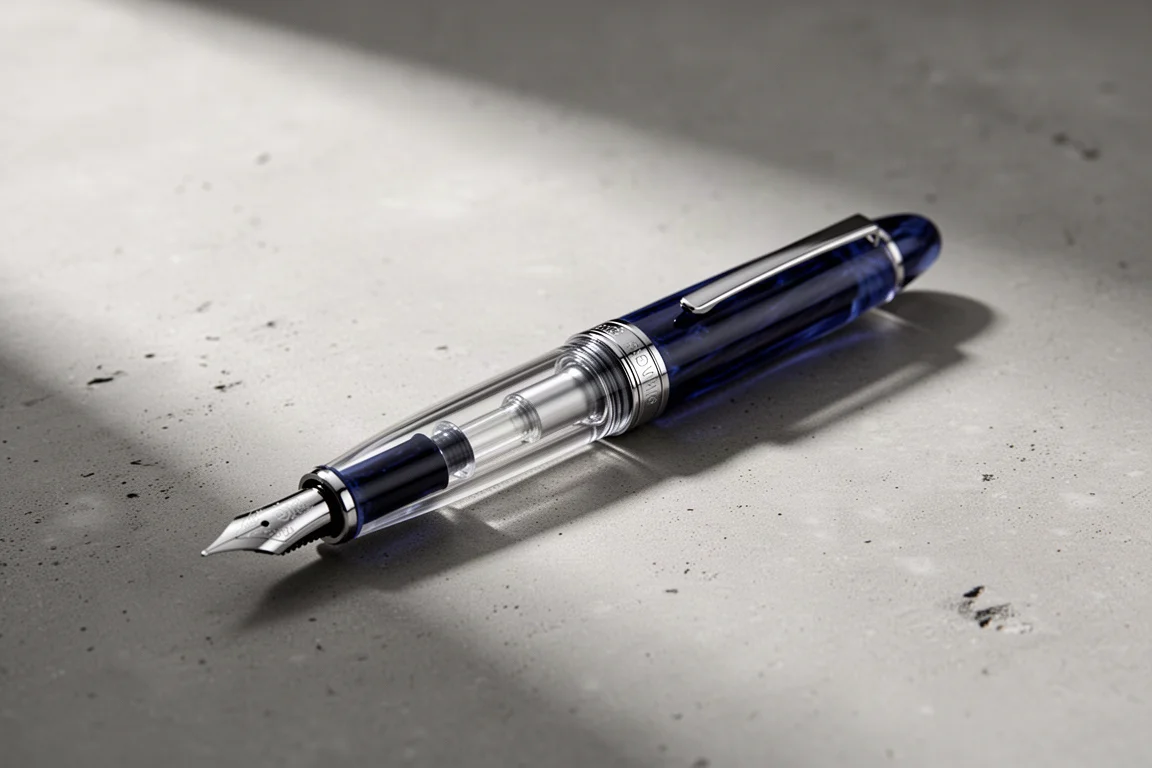 Transparent fountain pen with blue resin accents and rhodium trim on a concrete surface