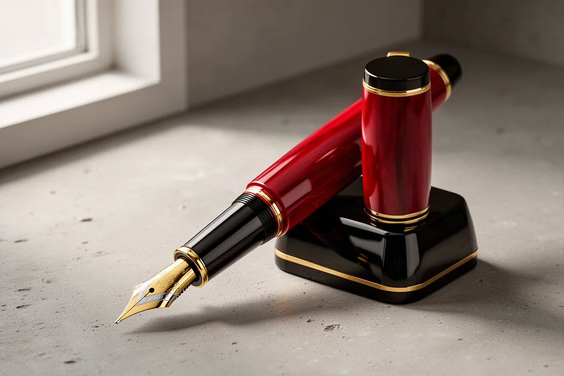 Penna stilografica Pilot Custom Urushi Vermillion con finiture oro su una superficie di cemento