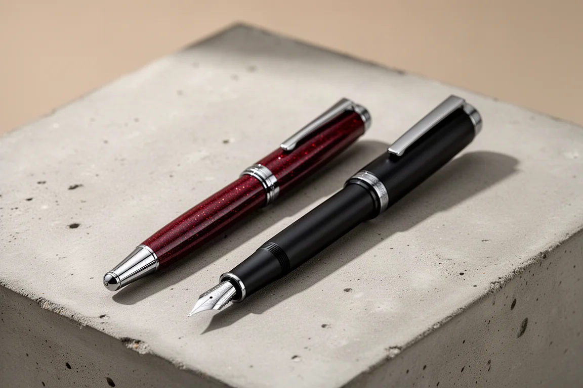 Pilot Decimo and Vanishing Point retractable fountain pens side by side on concrete