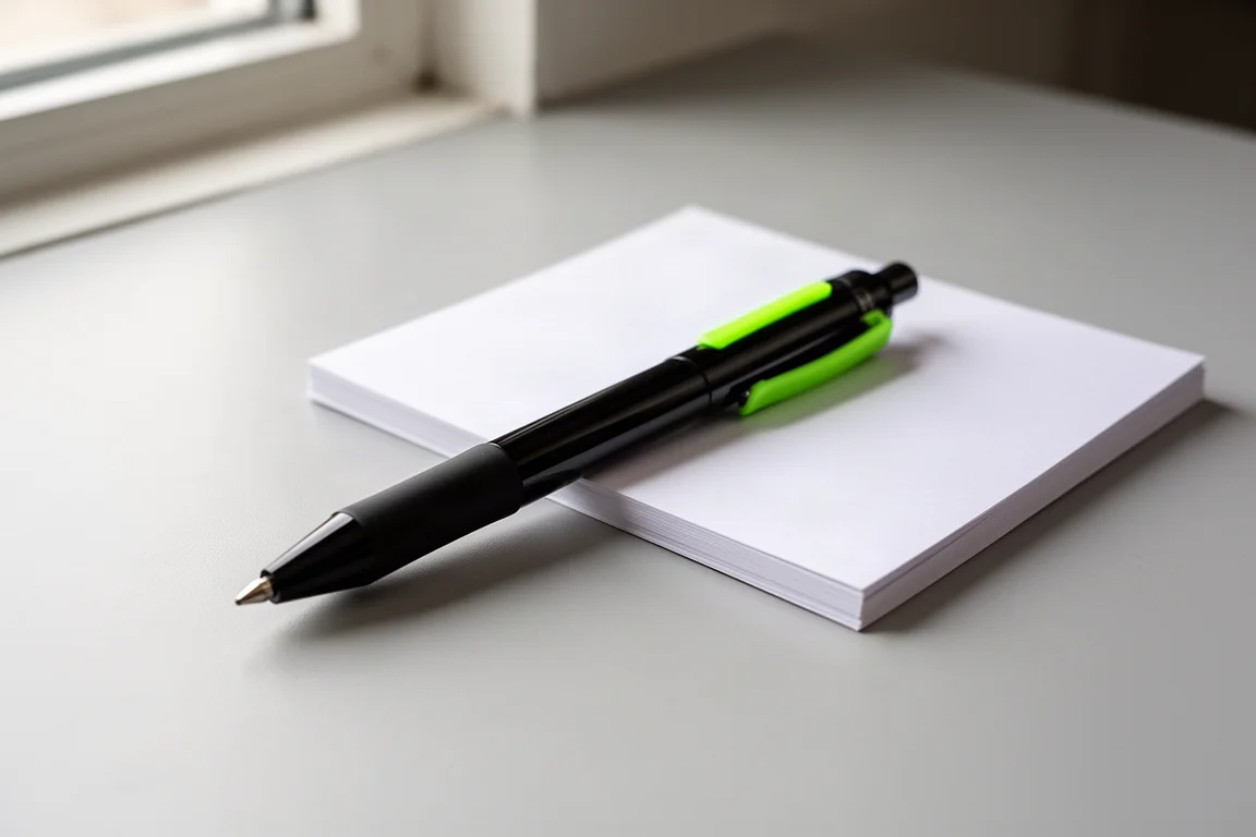 Glossy black mechanical pencil with green accent on a neutral desk surface