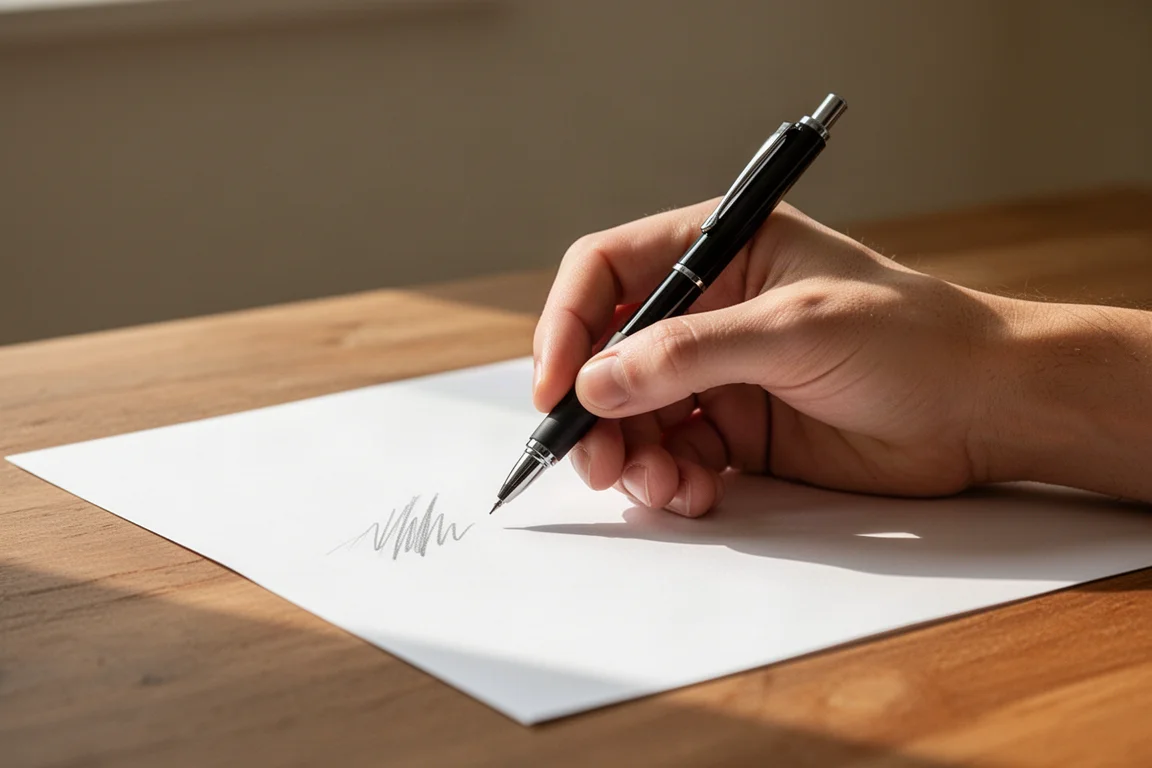 Hand resting a mechanical pencil on a fresh sheet of paper mid-writing stroke