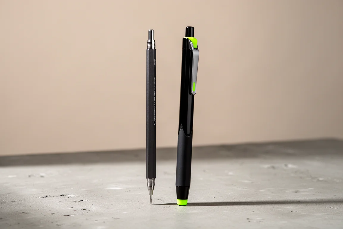 Slim black drafting pencil standing next to a thicker pencil on a concrete surface