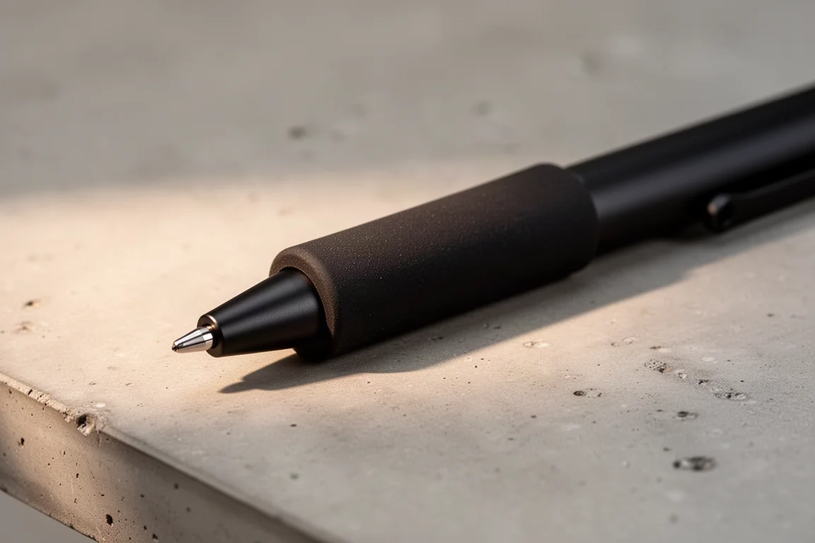 Matte black mechanical pencil resting on a concrete desk showing its grip section