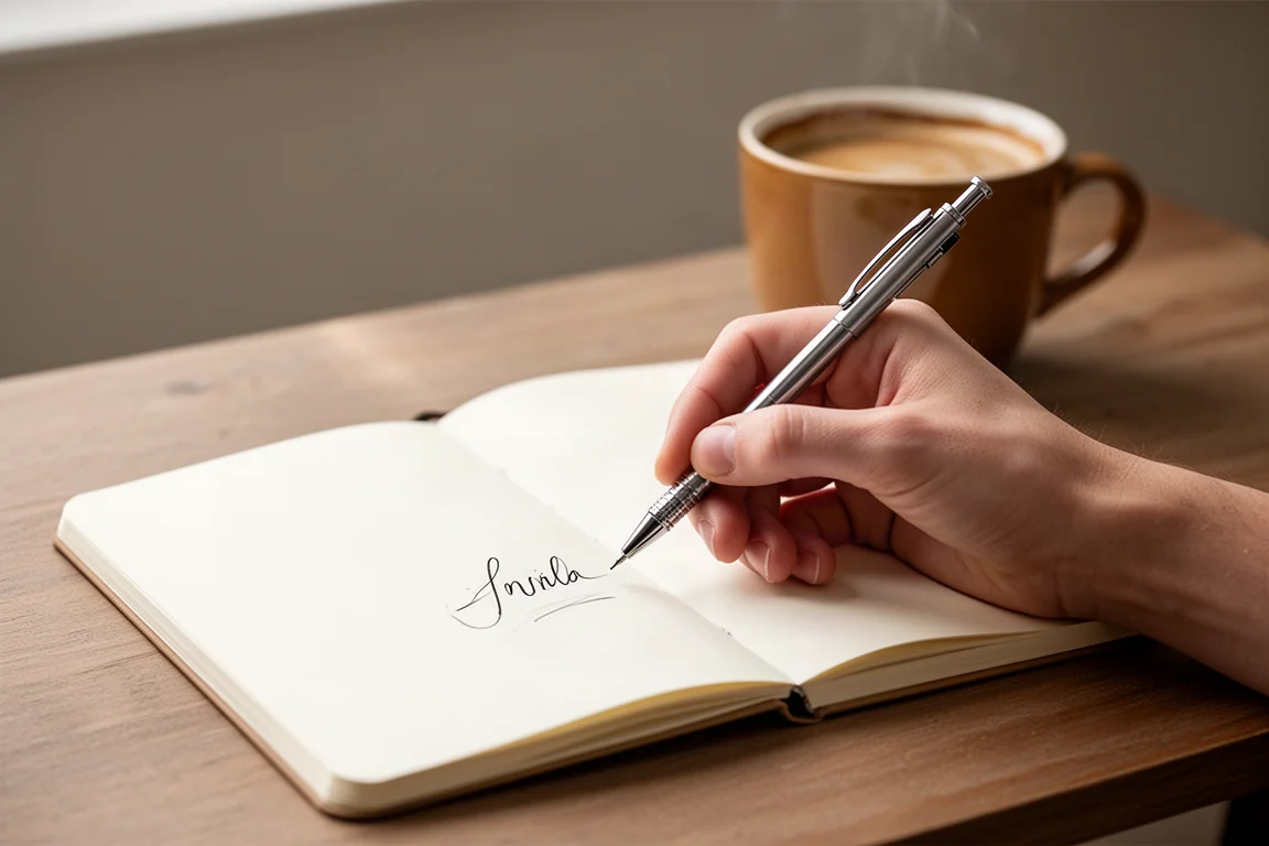 Hand writing smooth notes with a mechanical pencil in an open notebook