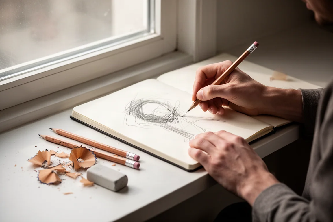 Artist sketching loose pencil lines in a sketchbook near a window