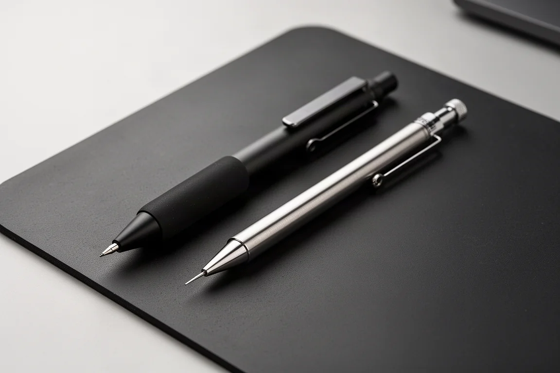 Two mechanical pencils side by side on a dark desk during a comparison