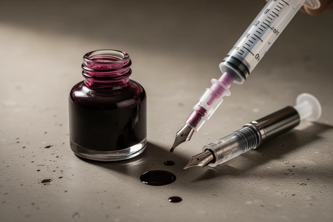 Tinta embotellada color burdeos y un convertidor junto a la pluma estilográfica