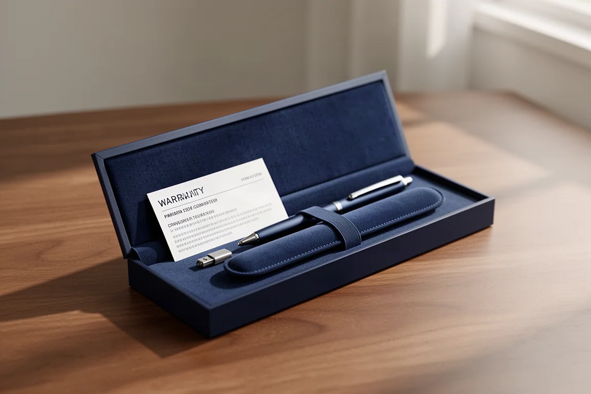 Slim dark blue pen box with warranty card and converter on a wooden desk