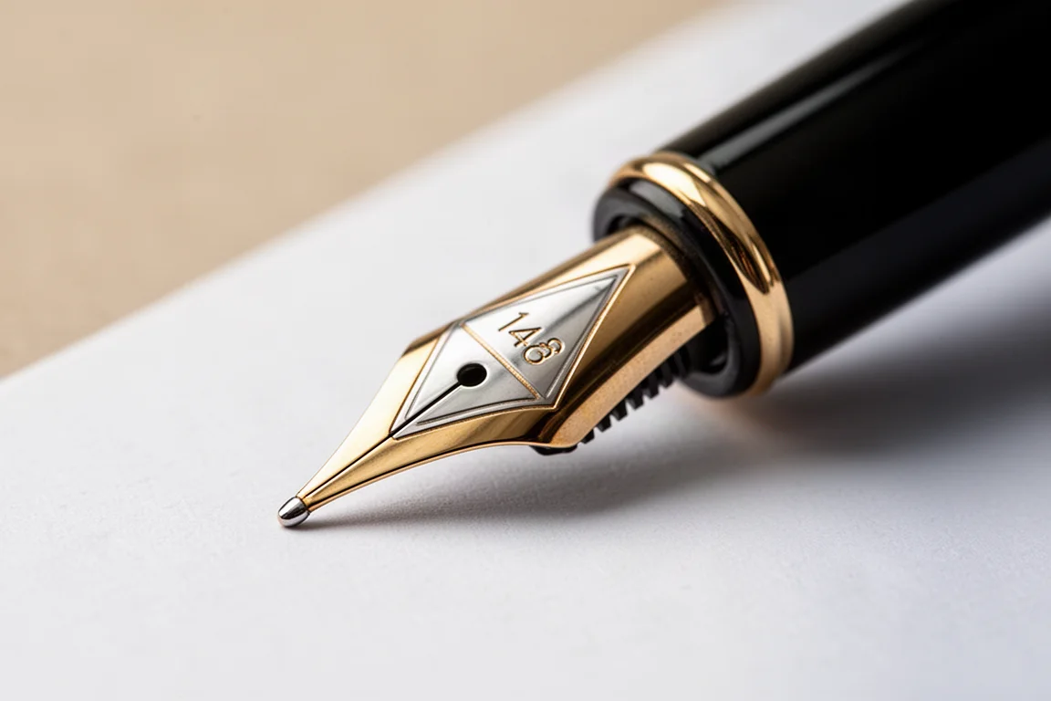Close-up of an inlaid gold fountain pen nib on paper