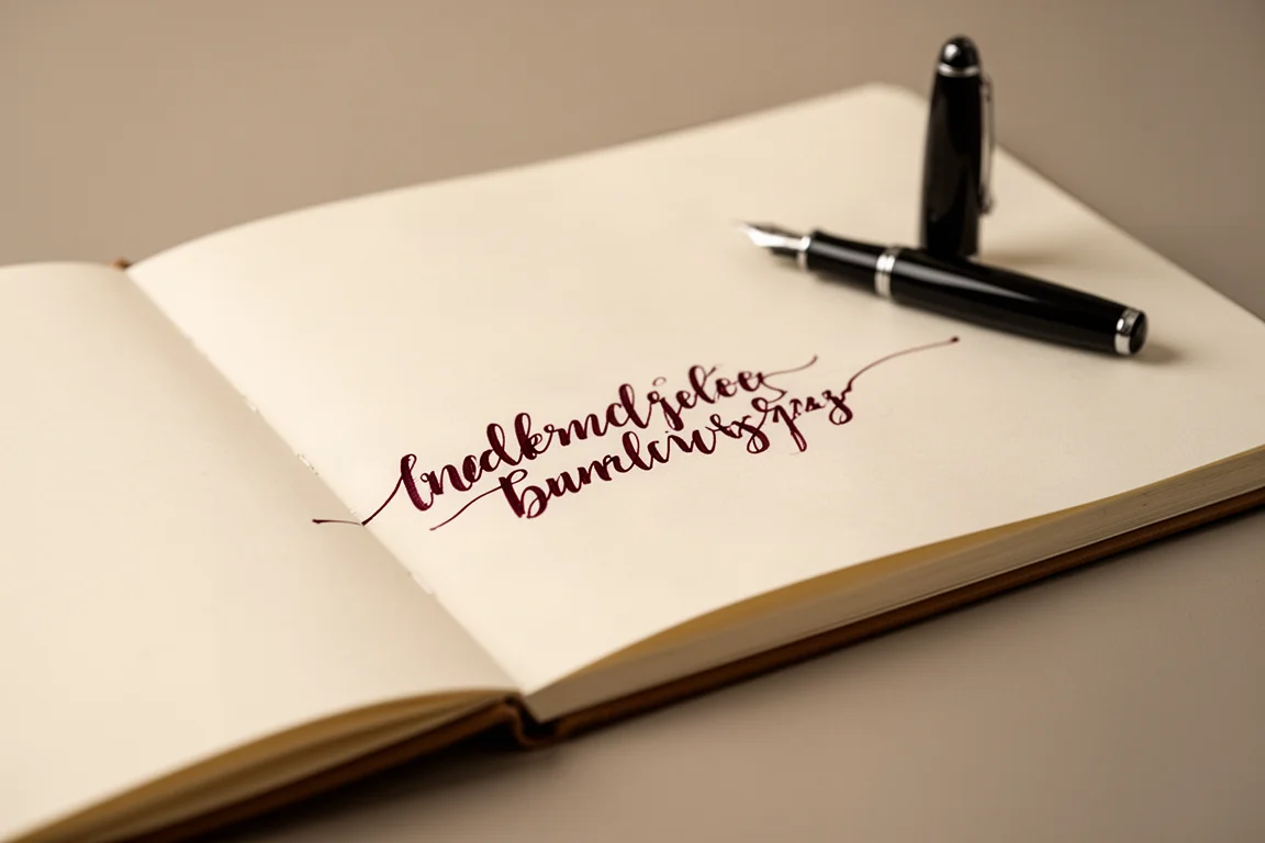 Open journal with handwritten ink sample in dark red ink