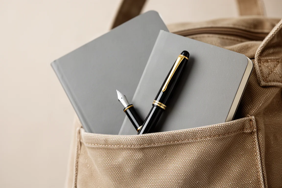 Compact fountain pen tucked into a bag pocket beside a notebook