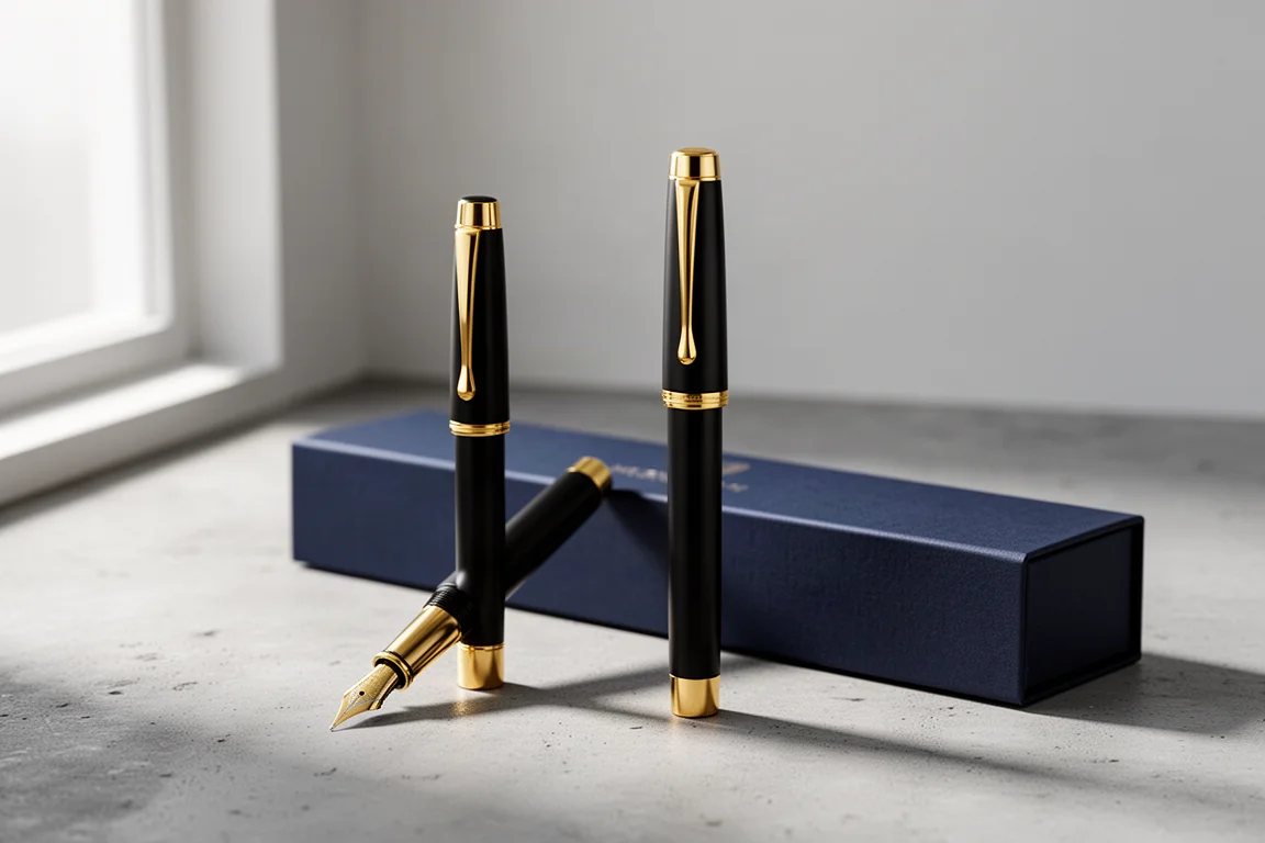 Compact black and gold fountain pen posted beside its slim blue box on concrete