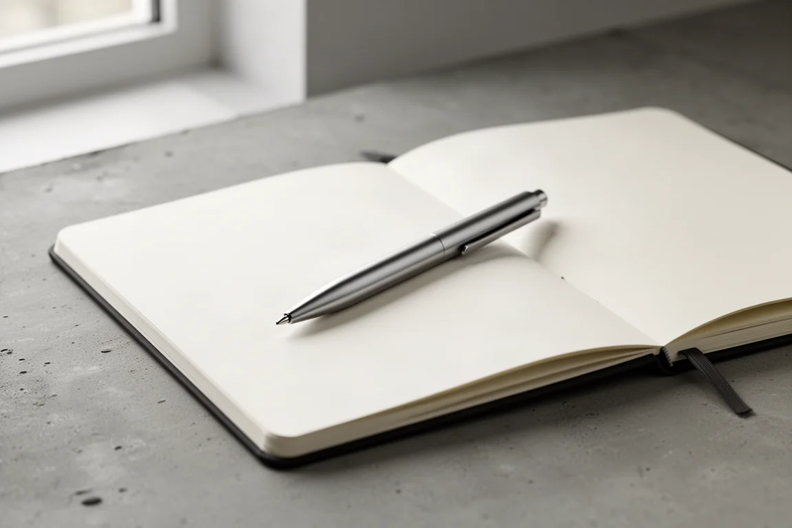 Strakke metalen balpen liggend op een minimalistisch bureau naast een open notitieboek