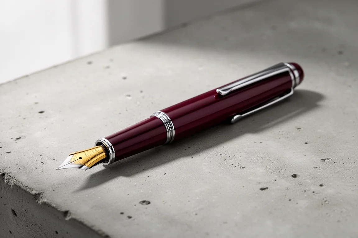 Burgundy lacquered metal fountain pen with gold nib on concrete surface