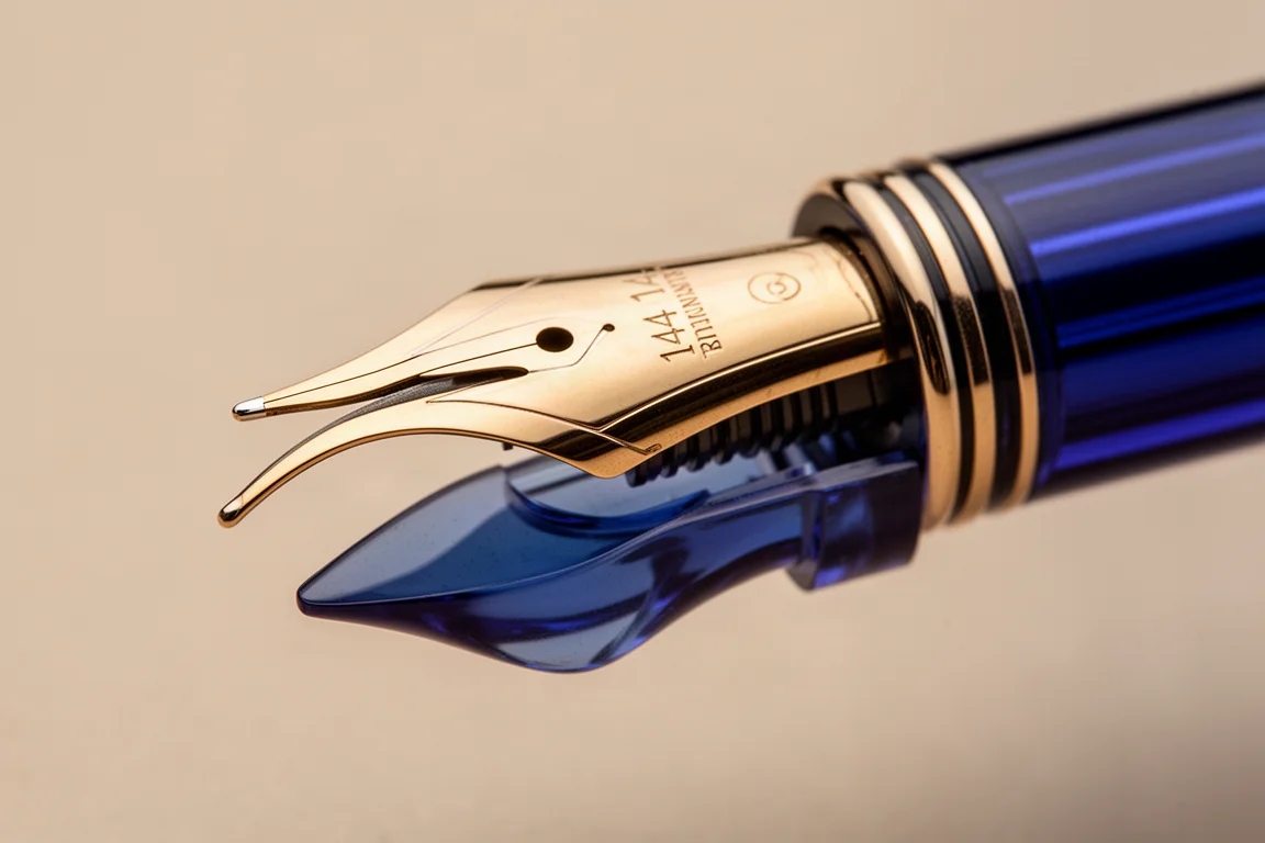 Specialty fountain pen nib angled beside a translucent blue feed